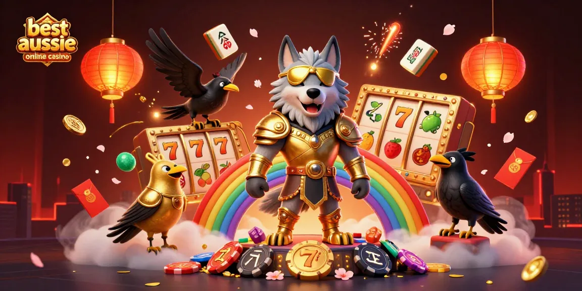 Play at the best aussie online casino, featuring a dynamic 3D scene with mythical characters and gaming elements.