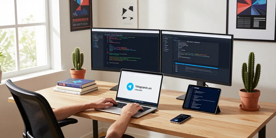 Workspace showcasing telegramin-cn.com usage on laptop with dual monitors and tech elements in a bright atmosphere.