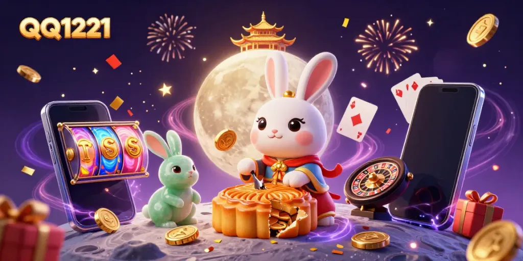 Play exciting QQ1221 games with a vibrant 3D illustration of a rabbit and casino elements.