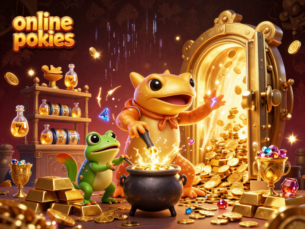 Engage in online pokies adventures with gold-filled scenes featuring characters and dynamic game elements.