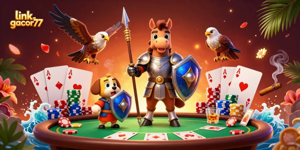 Menghadirkan link gacor77 melalui ilustrasi 3D petualangan kasino dengan ksatria, anjing, dan elang.