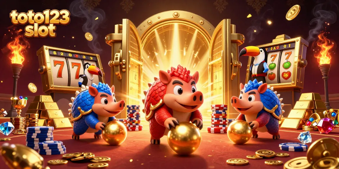 Engage in thrilling gameplay with toto123 slot as pangolins roll golden balls in a vibrant casino scene.