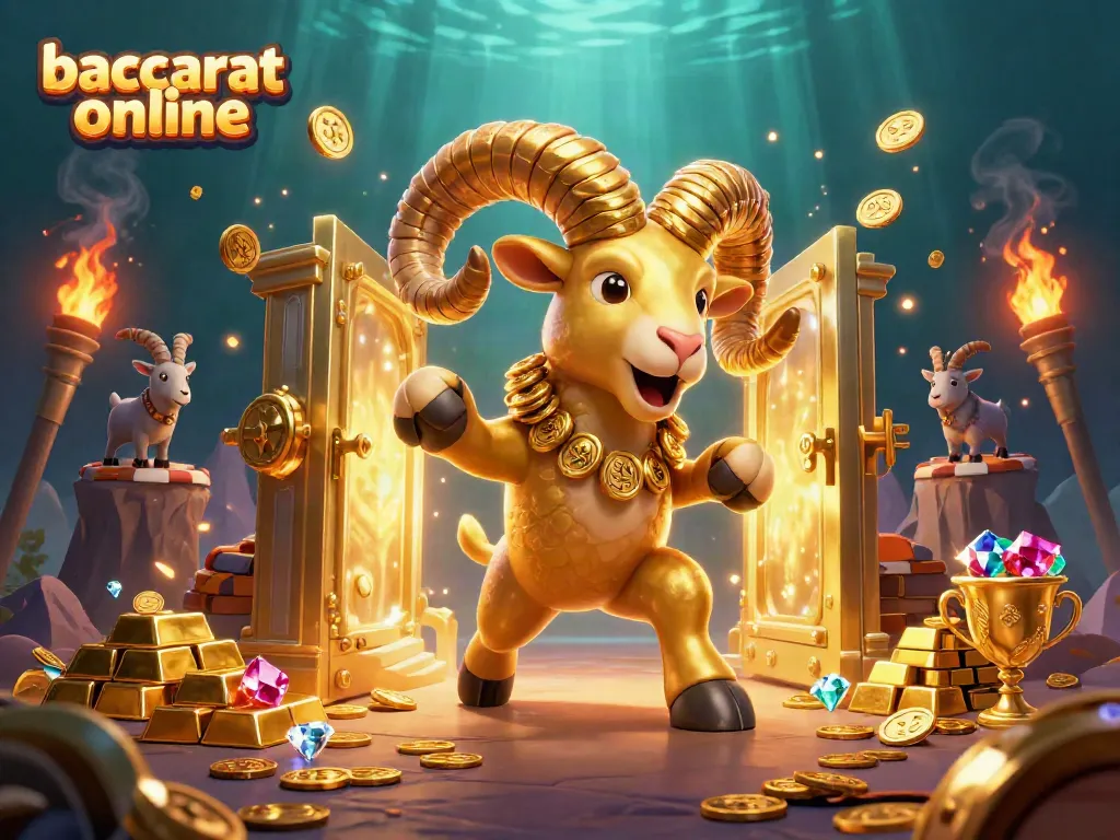 Experience baccarat online with a vibrant 3D illustration capturing a golden ram charging through riches.