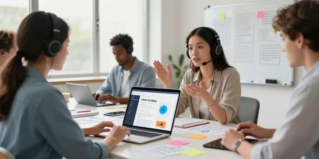 AI how to articles generator collaboration in a modern workspace with diverse content creators.