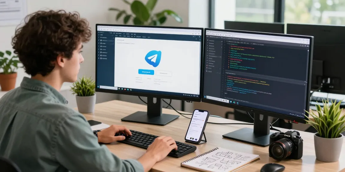 The workspace showcasing Telegram on multiple screens, embodying the 纸飞机中文版 experience in a modern tech environment.