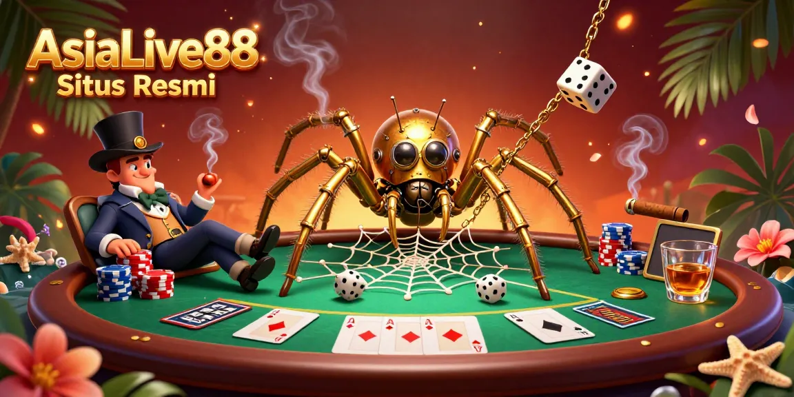Immerse yourself in AsiaLive88 Situs Resmi's vibrant casino world, featuring a steampunk spider and lively gambling elements.
