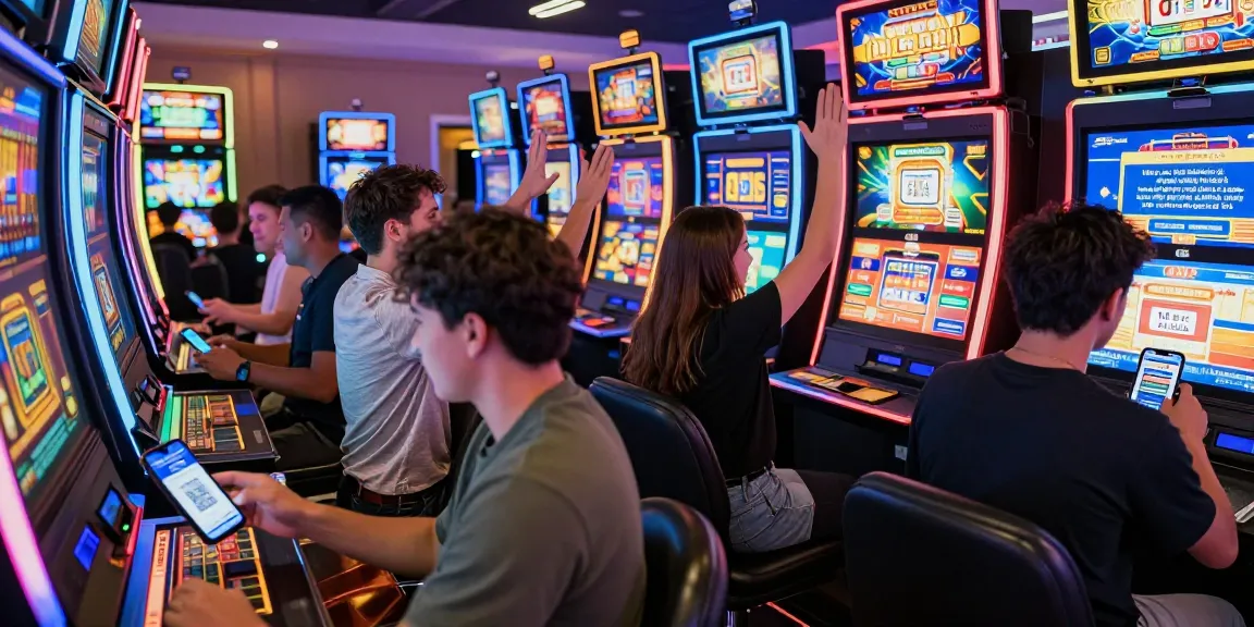 Group enjoying slot machines with slot deposit qris transactions in a lively casino atmosphere.
