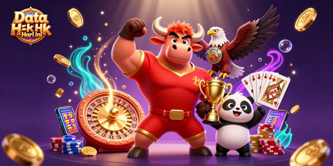 Cast winning bets with Data Hk Hari Ini, featuring a bull mascot, eagle, and panda amidst casino excitement!