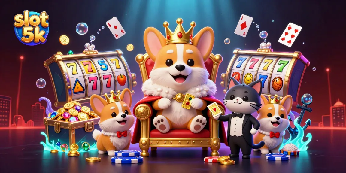 Experience thrilling wins with slot 5k, as a royal corgi rules from a poker chip throne amidst lucky slot reels and treasures.