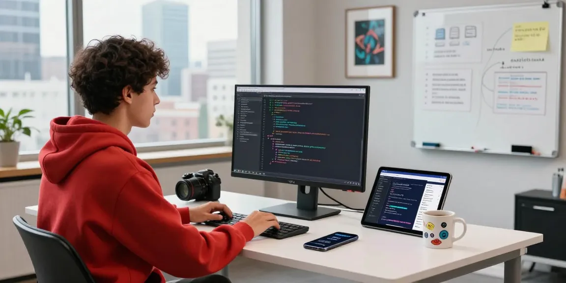 Scene of a developer focused on coding in an inviting workspace, showcasing the innovative atmosphere of teiegramin.com.