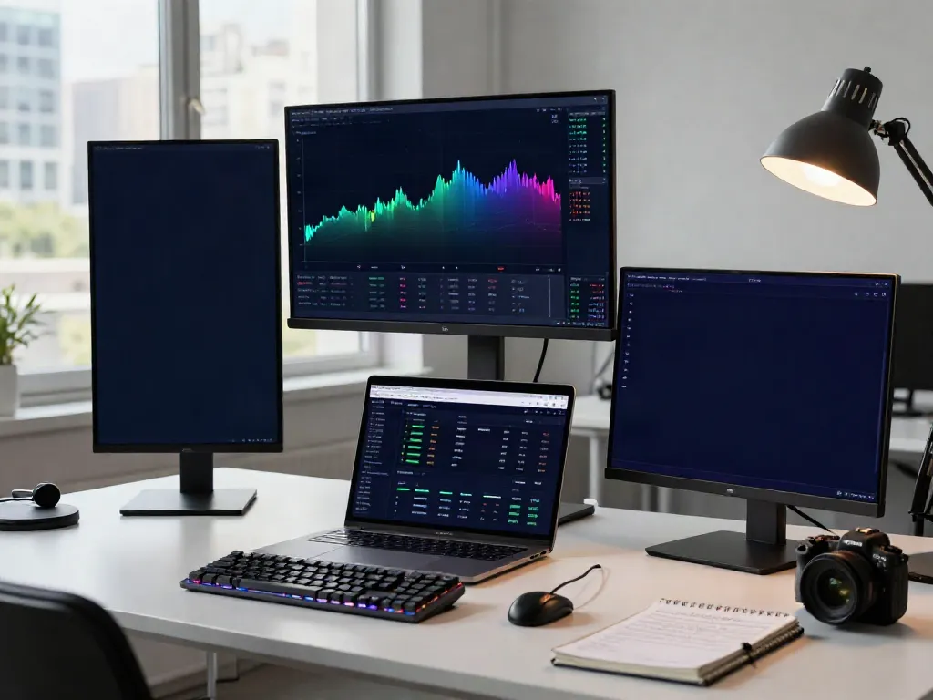 Real-time financial data API for cryptocurrency trading in a professional workspace, showcasing market charts and digital wallets.
