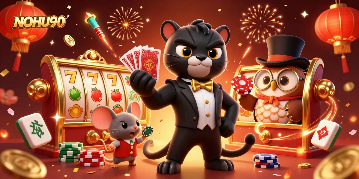 Get ready to win with NOHU90 as a stylish panther deals cards in a vibrant casino scene.