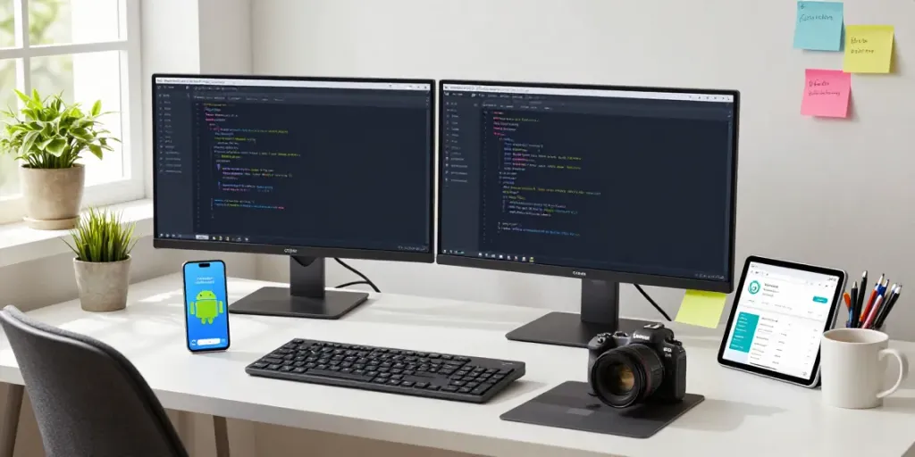 Dynamic workspace showcasing Android app development at h5.2113.net with dual monitors and coding elements.