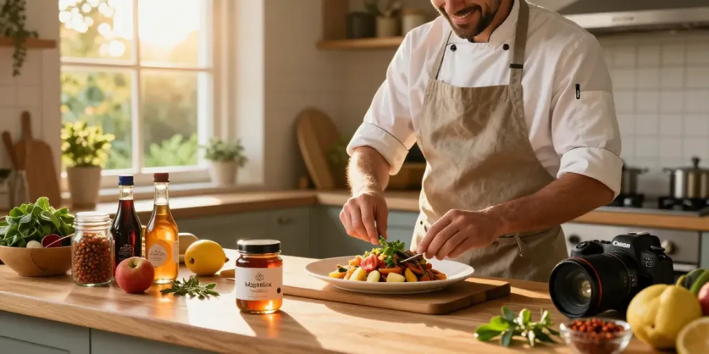 Chef using Maplelixir in a cozy kitchen, preparing fresh ingredients during golden hour.