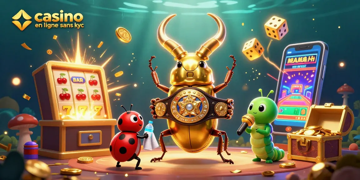 Jouez dans une ambiance de casino en ligne sans KYC avec un scarabée champion et une machine à sous explosive.
