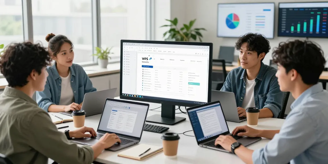 Collaborative team using WPS下载 software in a modern office environment, showcasing productivity in action.