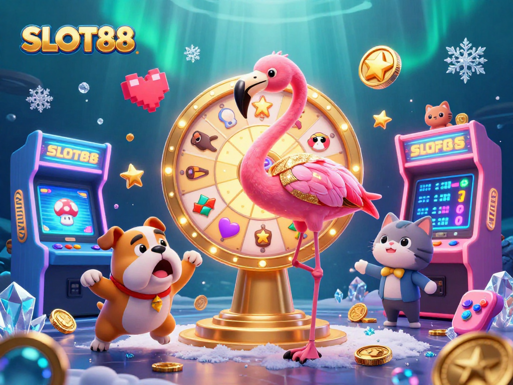 Melihat kemenangan nyata di SLOT88 bersama karakter menarik dalam latar kasino yang penuh warna.