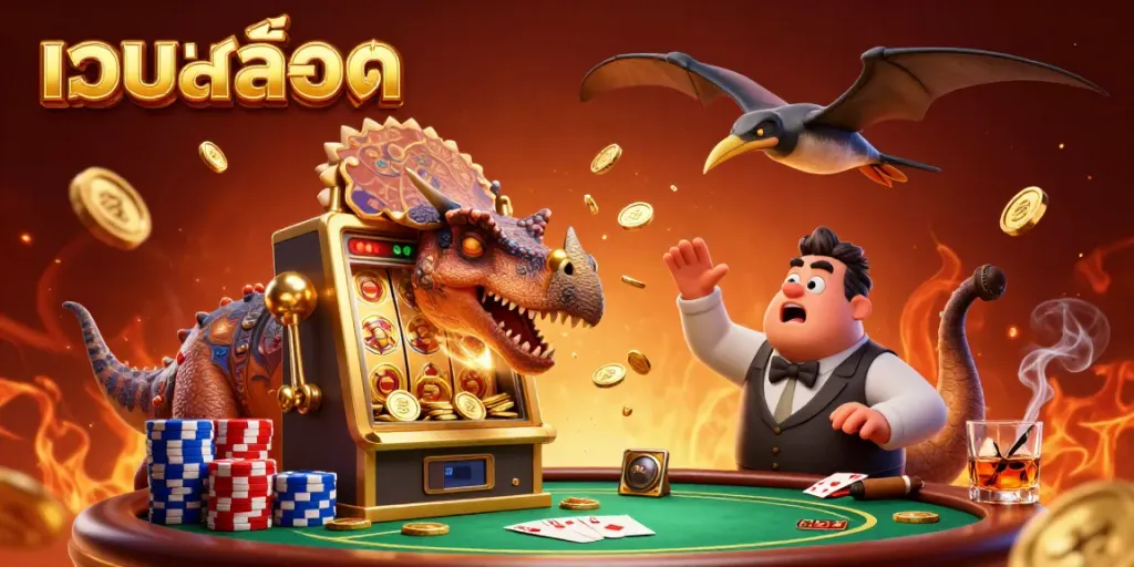 Exploring เว็บสล็อต with a dinosaur-themed jackpot scene featuring slot machines and poker elements.