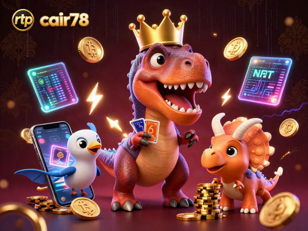 Menggali RTP cair78 dengan T-Rex lucu yang sedang bermain kartu, dikelilingi elemen kasino modern.