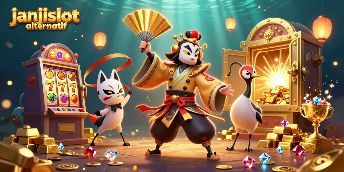 Explore the vibrant janjislot alternatif scene featuring slot reels, kabuki warriors, and dynamic treasures.