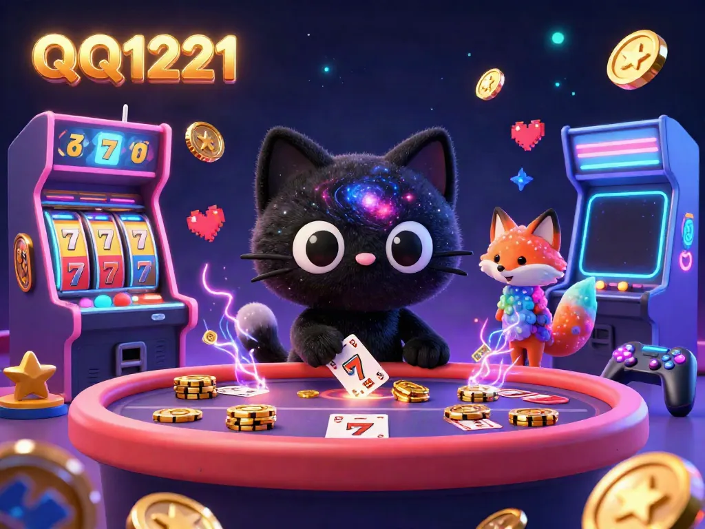 Engage with QQ1221 in this vibrant cosmic casino scene packed with colorful game elements.