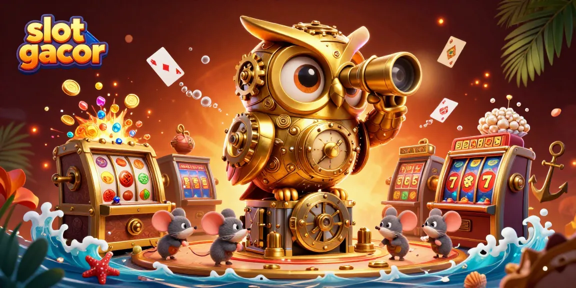 Experience thrilling slot gacor wins with a clockwork owl in a vibrant casino scene, filled with jewels and excitement.