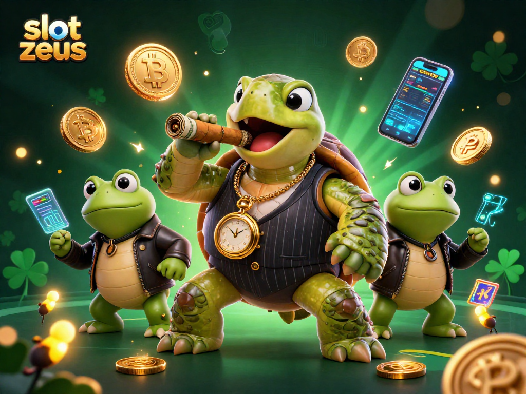 Engage with slot zeus featuring dynamic visuals of a snapping turtle and bullfrog enforcers amidst casino elements.