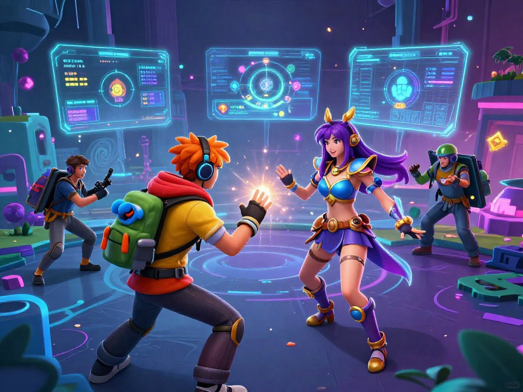 Interactive scene of diverse gamers enjoying porngames in a vibrant digital landscape with neon lights.