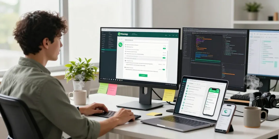 User using WhatsApp網頁版 on a desktop in a bright office environment showcasing modern tech.