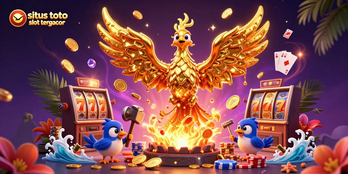 Experience exciting wins at situs toto slot tergacor with a 3D rendering of a phoenix and dynamic casino elements.