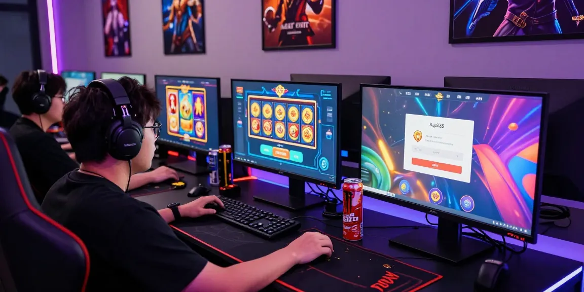 Engaged gamer using raja328 login on multiple screens showcasing vibrant casino games, snacks, and immersive gaming setup.