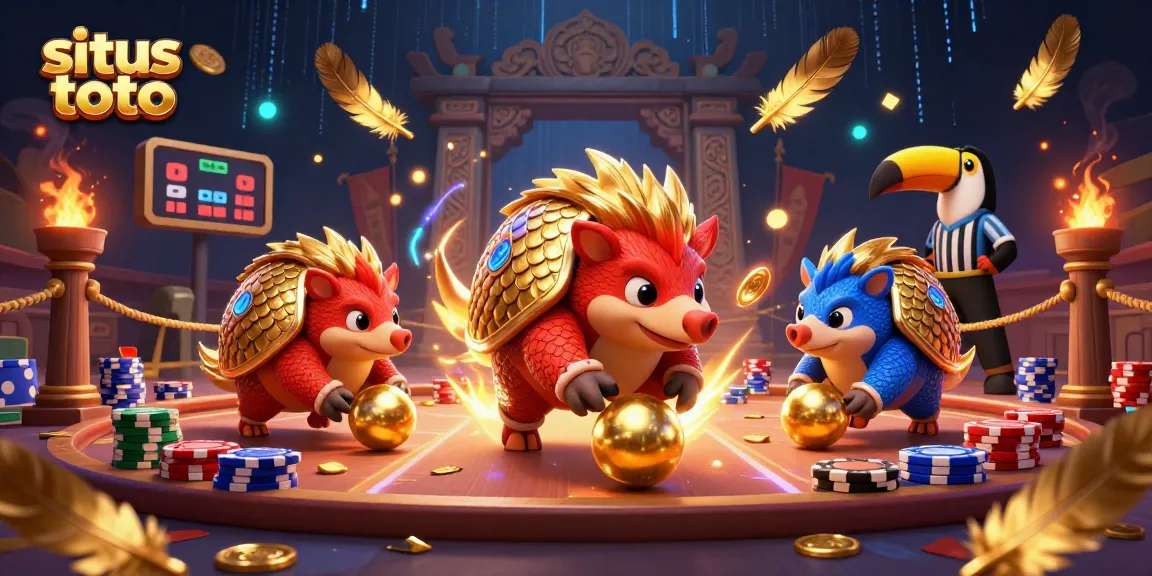 Experience the thrill of situs toto gaming with animated pangolins competing amid golden coins and vibrant casino elements.