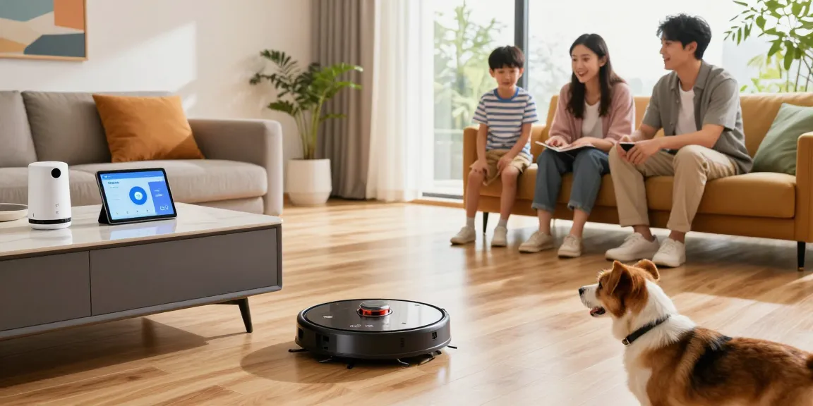 Roborock 2026 robotic vacuum navigating a stylish living room while a family watches, showcasing smart home technology in action.