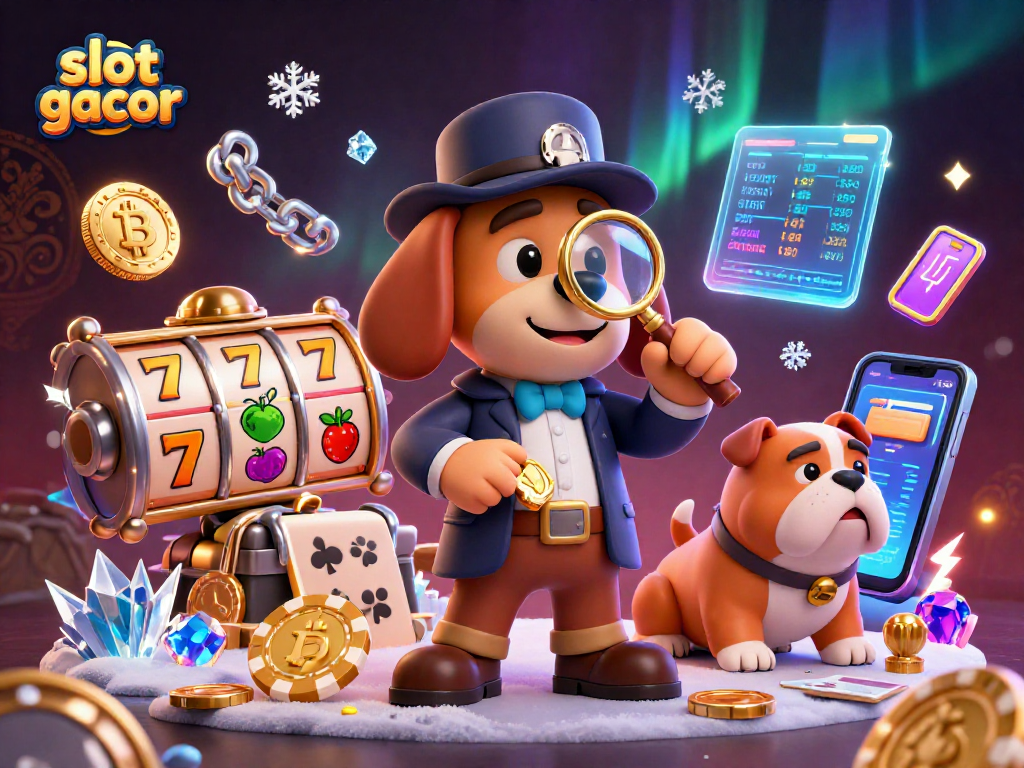Engaging illustration of slot gacor featuring a detective and a bulldog uncovering poker clues.