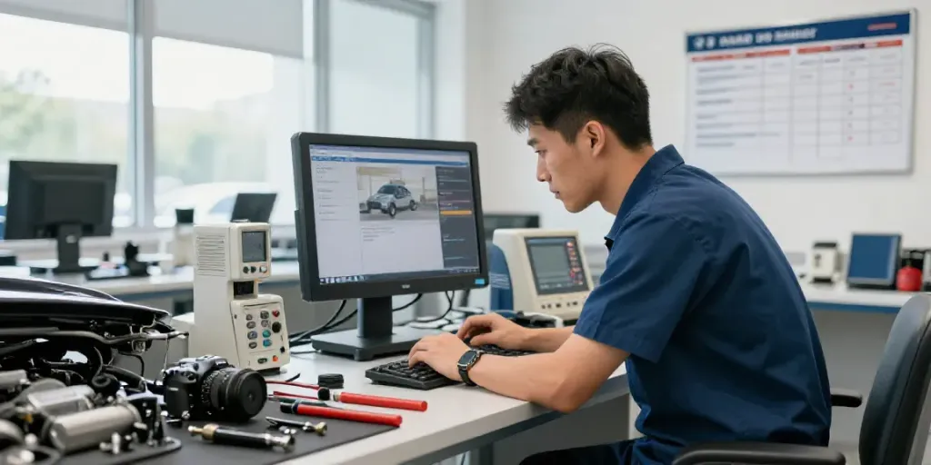 Expert BMW technician diagnosing vehicles in a professional workshop in Hannover.