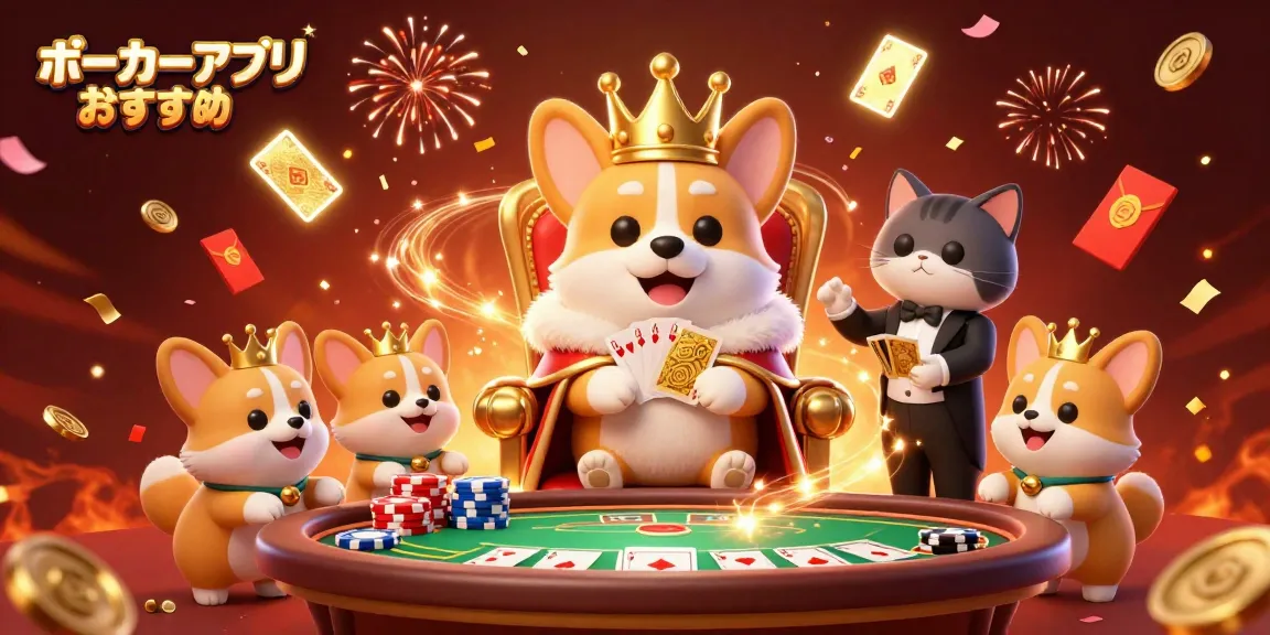 ポーカーアプリおすすめのシーンを描いた3Dイラストで、チップの王座に座るコーギーと猫の執事が登場します。