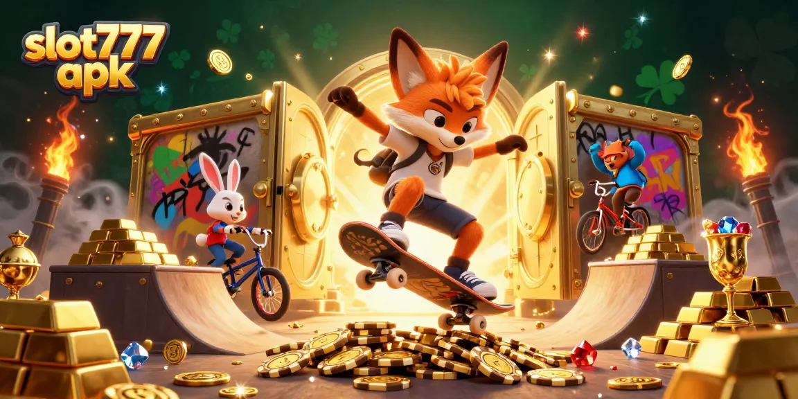 Engage with slot777 apk through a vibrant 3D casino scene featuring cartoon characters and dazzling treasures.