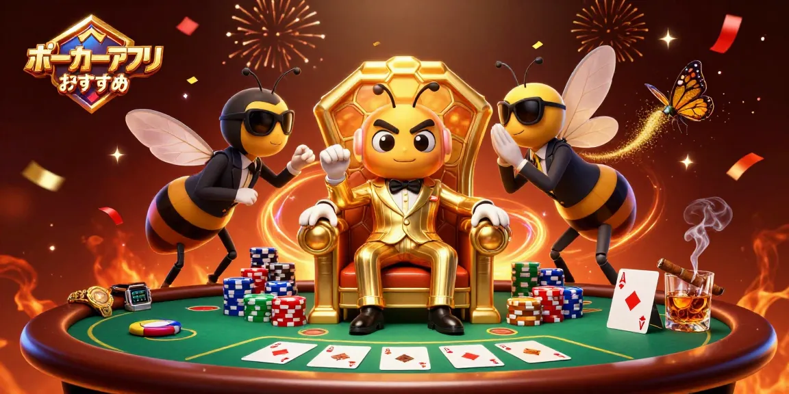 ポーカーアプリ おすすめのシーンで、バンブルビーのボスが豪華な王座に座り、カードやチップが散りばめられた活気あるカジノの雰囲気を表現しています。