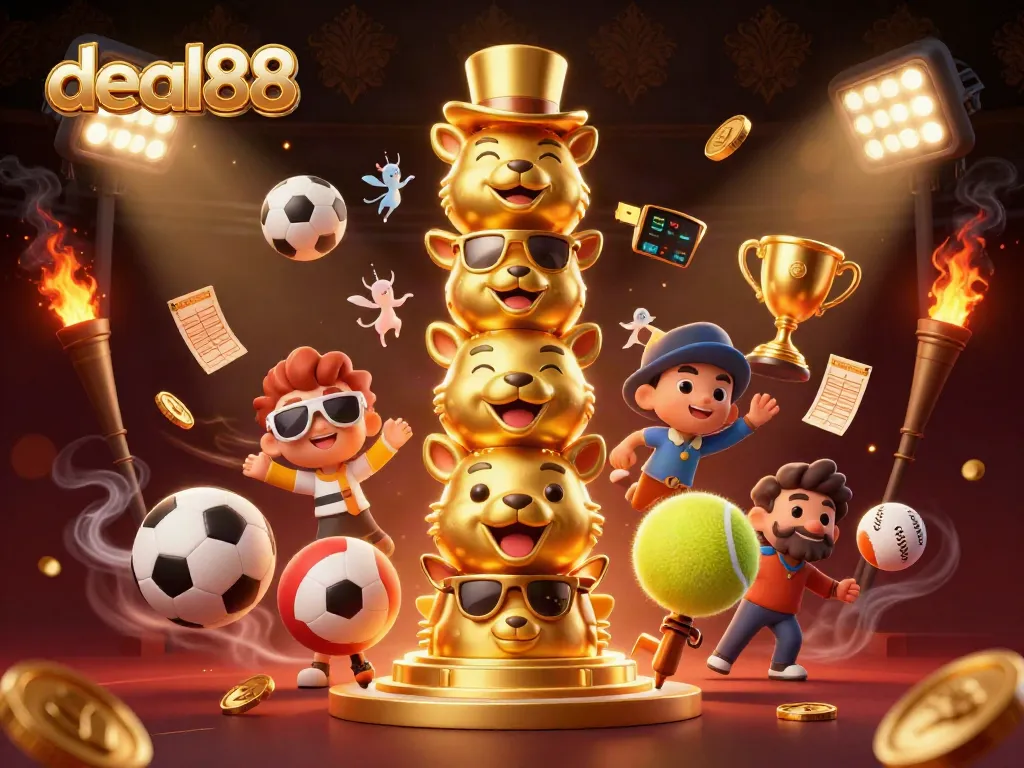 Experience exciting gameplay with deal88, featuring a vibrant 3D casino scene full of animated sports elements and golden treasures.
