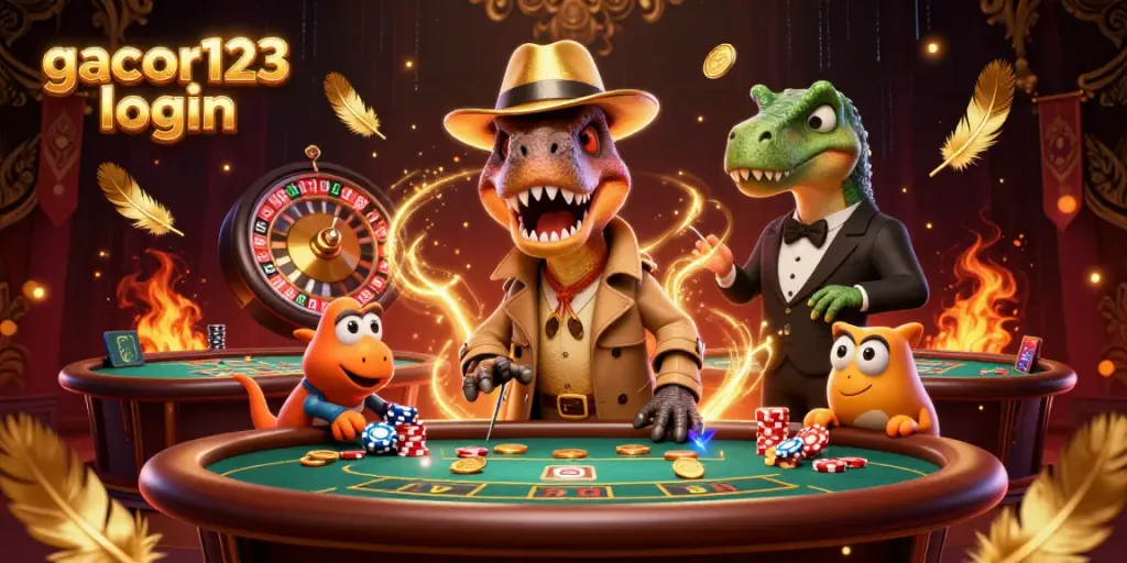 Experience the thrill of gacor123 login with a vibrant cartoon casino scene featuring engaging characters and dynamic elements.