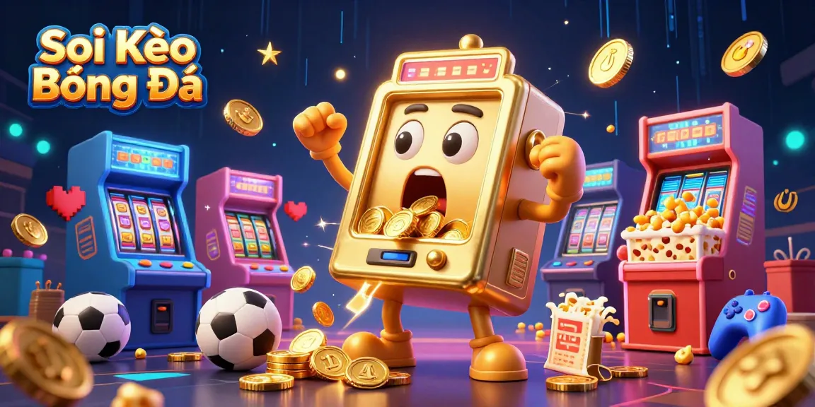 Soi Kèo Bóng Đá illustration featuring a colorful scene of a golden slot machine hitting a jackpot, surrounded by sports betting elements.