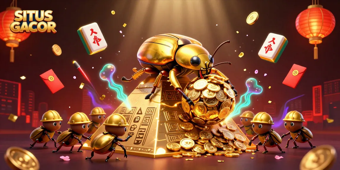 SITUS GACOR showcases a vibrant 3D casino scene featuring golden beetles and enriching game elements.
