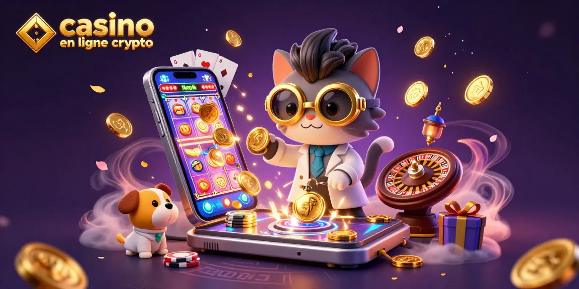 Jouer sur un casino en ligne crypto avec l'illustration colorée d'un chat fou et un chien assistant, entourés de jeux et de pièces d'or.