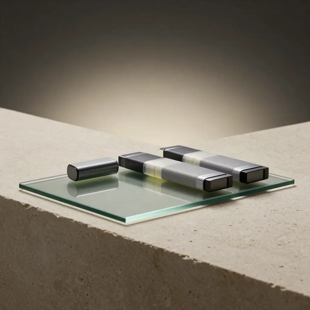 Glass workflow bundle on limestone, edge-lit in a moody studio with lime accents