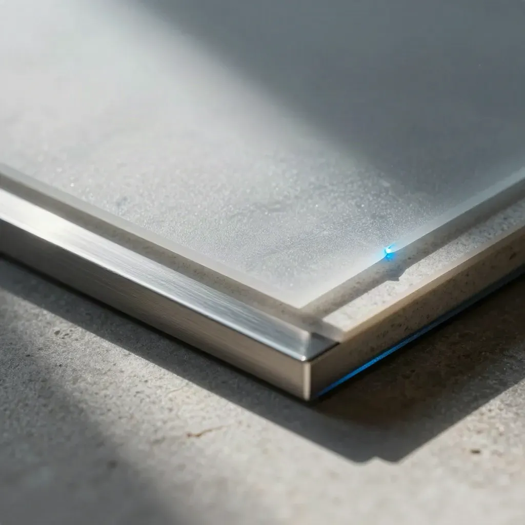 Macro of frosted acrylic, brushed metal edge, and two test swatches on stone.