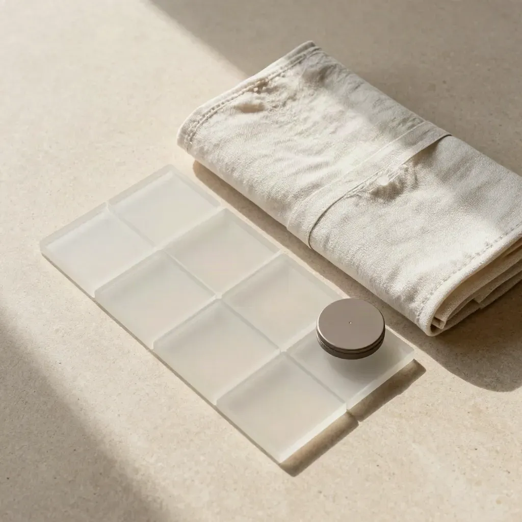 Overhead flatlay of frosted tiles, linen wrap, and sync puck on pale stone.
