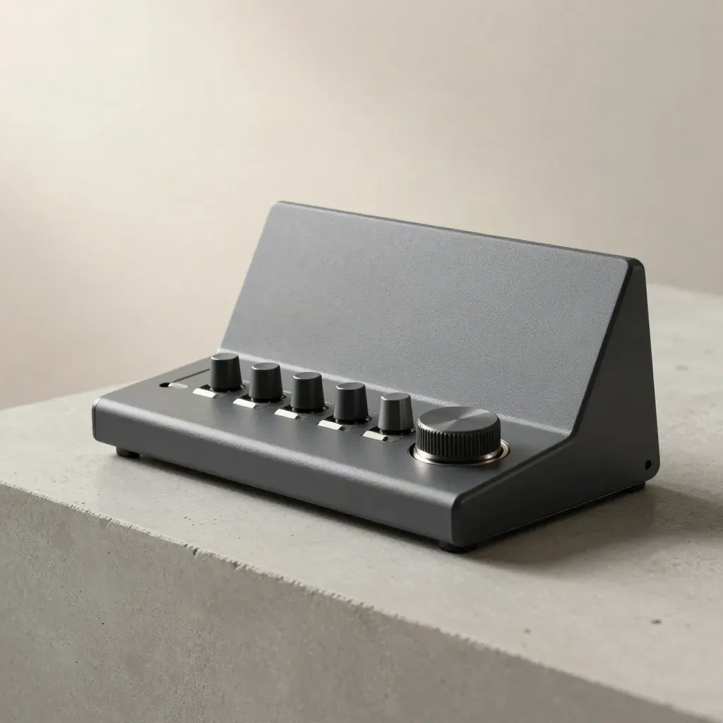 Graphite sequence console with routing card, connector bar, and timing dial on pale concrete