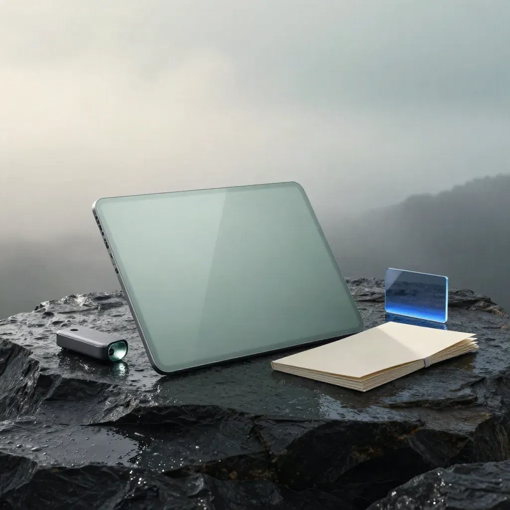 Frosted workflow tablet with sync puck, folio and prism on rain-dark stone at dawn