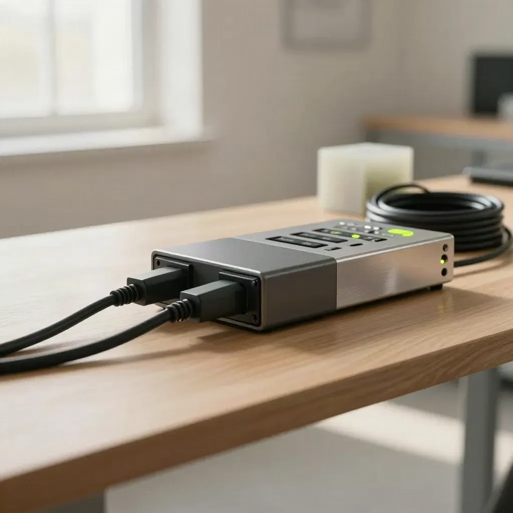 Sync dock and larger console on pale wood with soft window light and a lime accent.