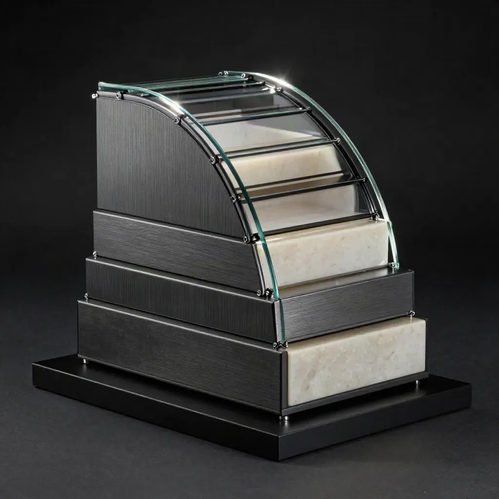 Charcoal sequence modules with a glass route arc on a dark studio surface.